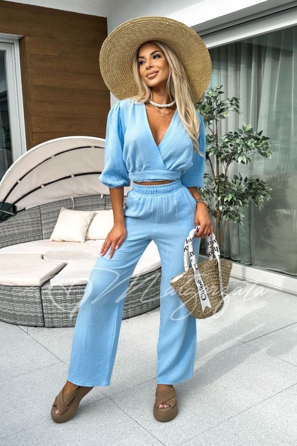 Muslin set with long pants and envelope blouse blue - Leila