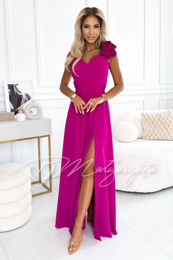 Fuchsia long dress with a flower on a wider shoulder strap flared - Anabel