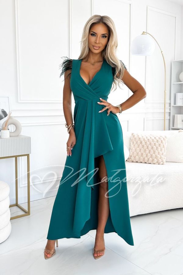 Green maxi envelope dress with feathers - Nora