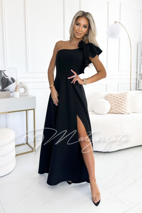 Black one-shoulder flared dress with flower - Kora