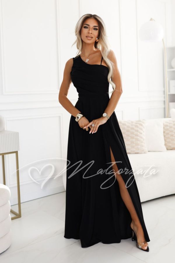 Black one-shoulder maxi dress with lacing on the back - Gracja