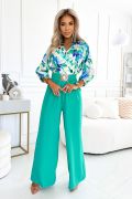 Women's jumpsuit with wide pants in green print - Wiki