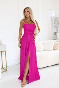 Fuchsia brocade corset dress with flared skirt - Estela