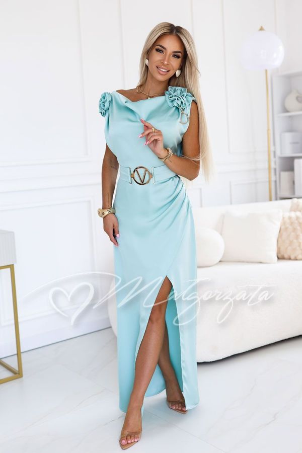 Pistachio satin dress with water neckline and flowers - Domenica