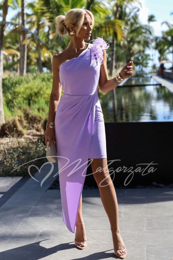 Lavender one shoulder dress with asymmetrical bottom and feathers - Kassi