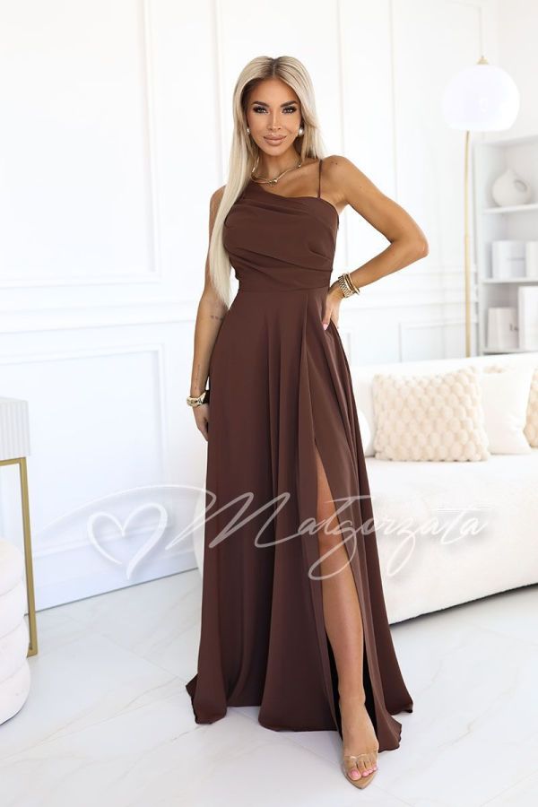 Chocolate one-shoulder maxi dress with lacing on the back - Gracja