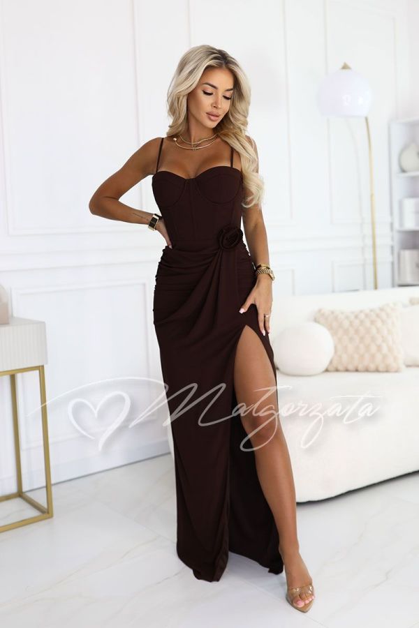 Chocolate fitted corset maxi dress - April