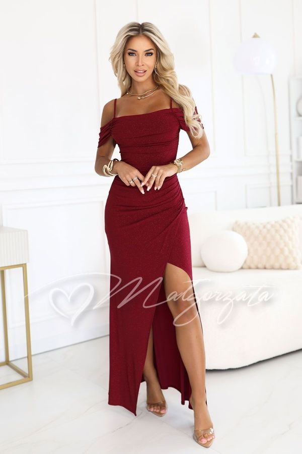 Maroon brocade evening dress with falling shoulders - Olympia