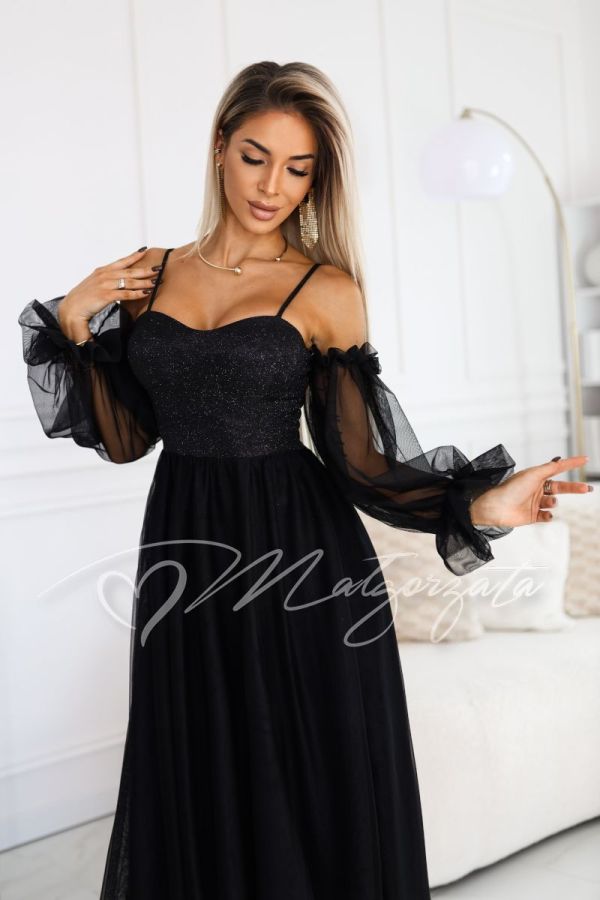 Black corset maxi dress with tulle sleeves - Abby