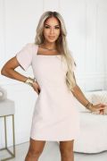 Beige knee-length trapeze dress with karo neckline - Sofia