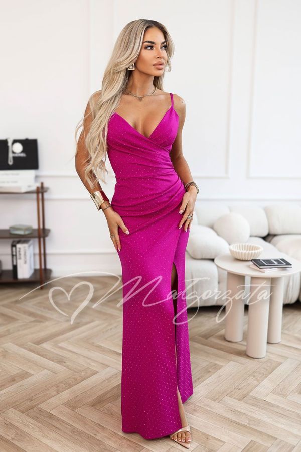 Fuchsia maxi dress with thin straps and rhinestones - Anona