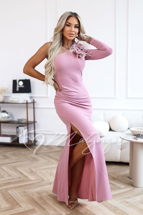 Różowa sukienka z piórami na jedno ramię - Nadine