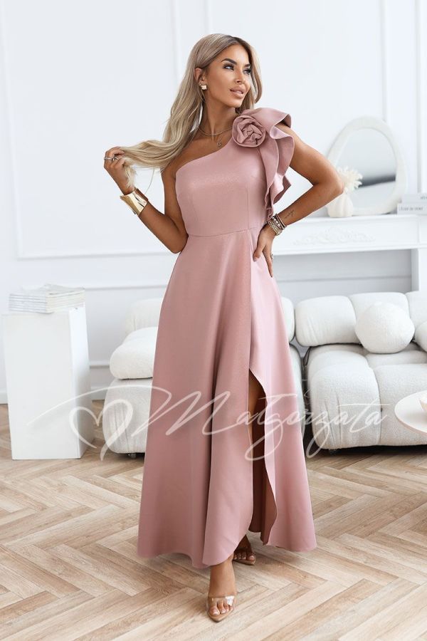 Pink one-shoulder flared dress with flower - Kora