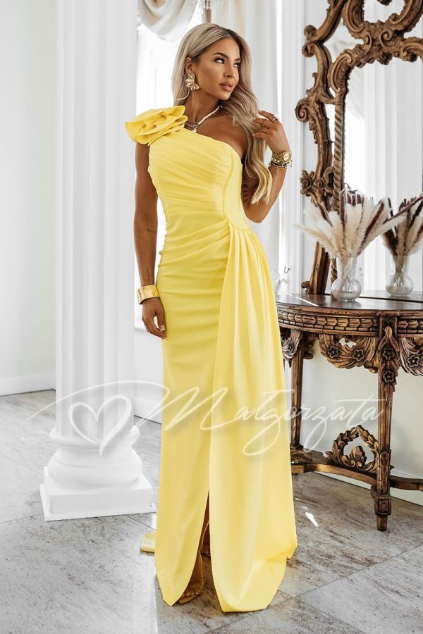 Yellow one shoulder dress with jabot - Vivien