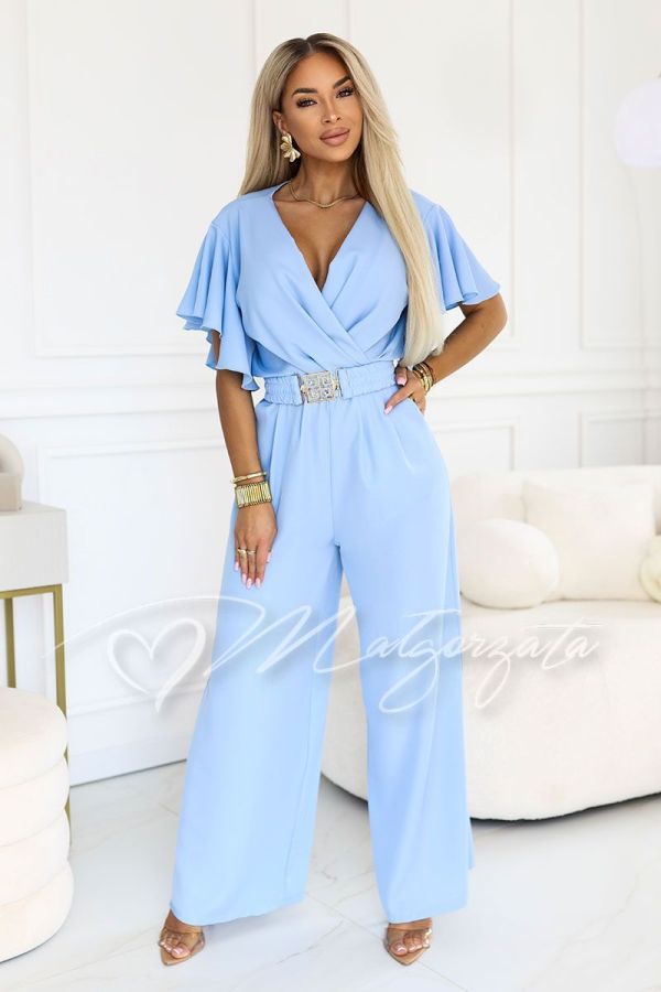 Blue women's jumpsuit with wide leg and decorative belt - Fama