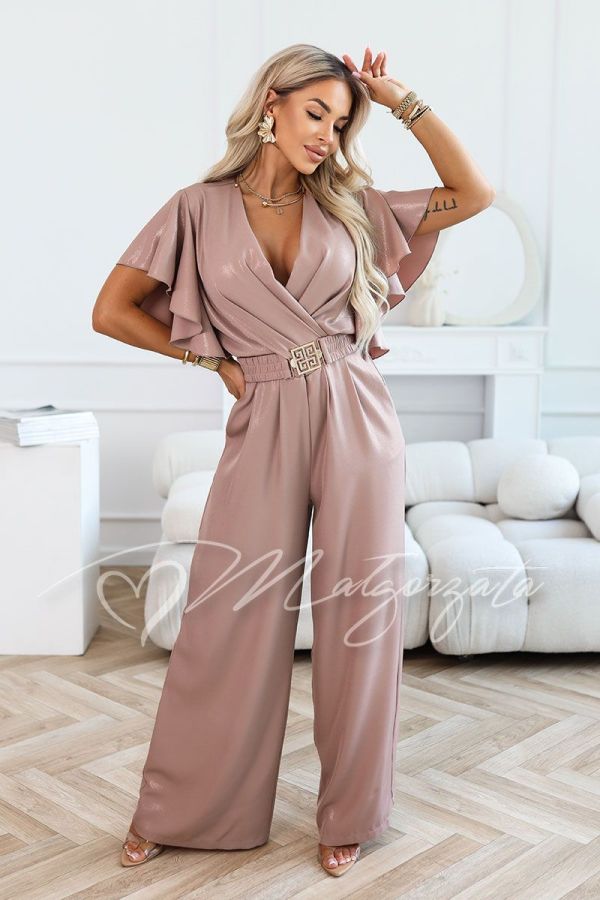 Women's mocha-coloured jumpsuit with wide leg and decorative belt - Fama