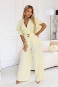 Yellow women's jumpsuit with wide leg and decorative belt - Fama