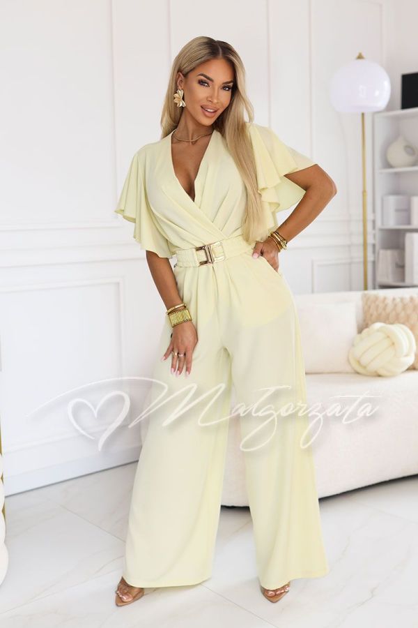 Yellow women's jumpsuit with wide leg and decorative belt - Fama