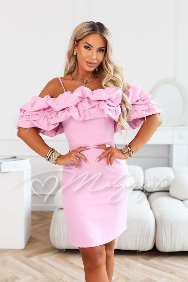 Pink knee-length Spanish dress with feathers - Nanti