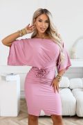 Pink midi dress masking imperfections with flower and crease - Rosalie