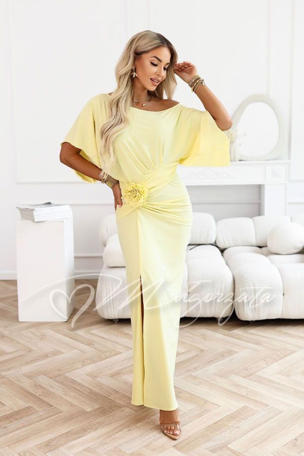 Yellow maxi dress masking imperfections with flower and crease - Soraya
