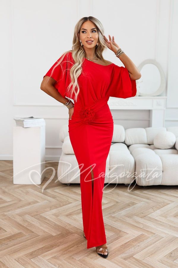 Red maxi dress masking imperfections with flower and crease - Soraya