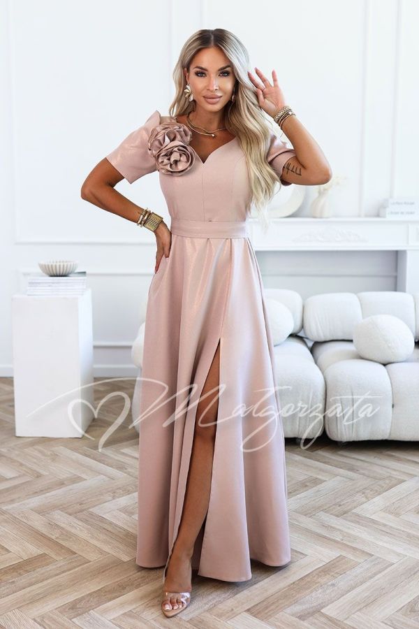 Mocha-coloured maxi dress for wedding with cap sleeve and flower embellishment - Ruby