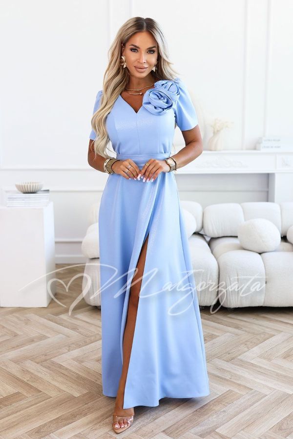 Blue maxi dress for wedding with sleeves and embellished flower - Ruby