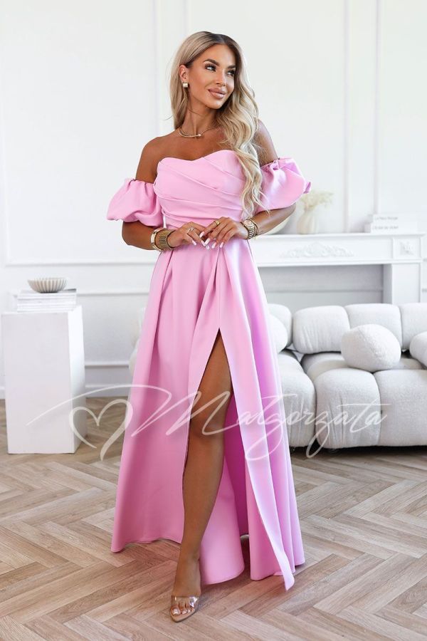 Pink maxi dress for wedding with buffets and slit - Alessia