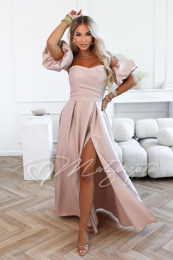 Beige maxi dress for wedding with buffets and slit - Alessia