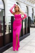Fuchsia corset-style maxi dress with a slit and sleeves – Mirella