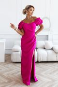 Fuchsia maxi dress with puffed sleeves and a slit – Marietta