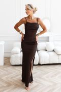 Chocolate-coloured mermaid-style dress with a halter neck – Saylor
