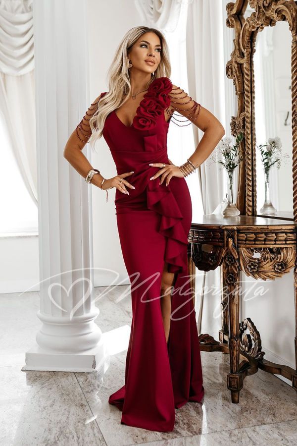 Burgundy maxi dress with a slit and beads – Dalia