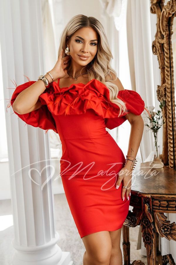 Red off-the-shoulder dress, above the knee, with feathers - Nanti