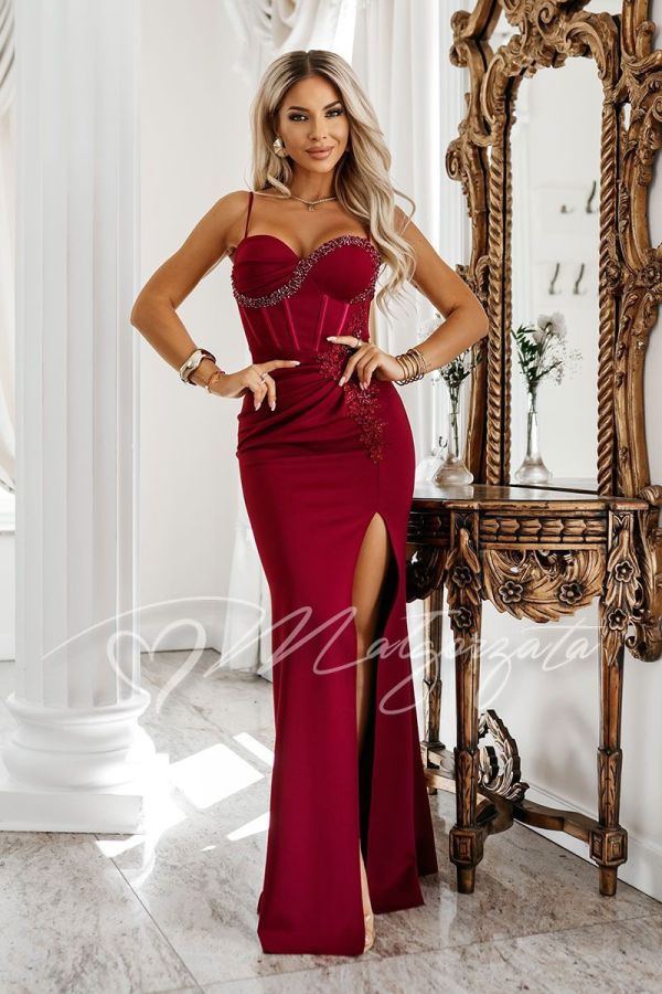 Burgundy corset dress with rhinestone appliqués – Gail