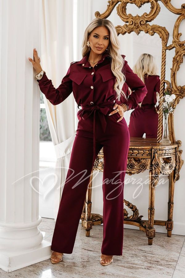 An elegant burgundy jumpsuit with a belt and wide legs – Agnes