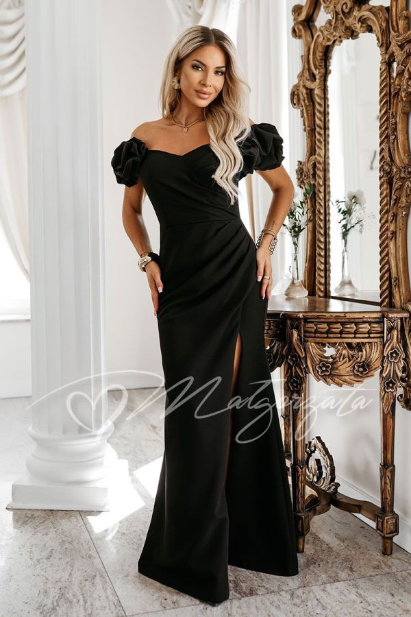 Black maxi dress with puffed sleeves and a slit – Marietta
