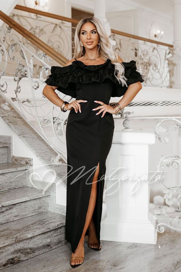 Black off-the-shoulder evening dress with a frill – Cassandra