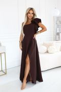 Chocolate-coloured one-shoulder flared dress with a flower – Kora