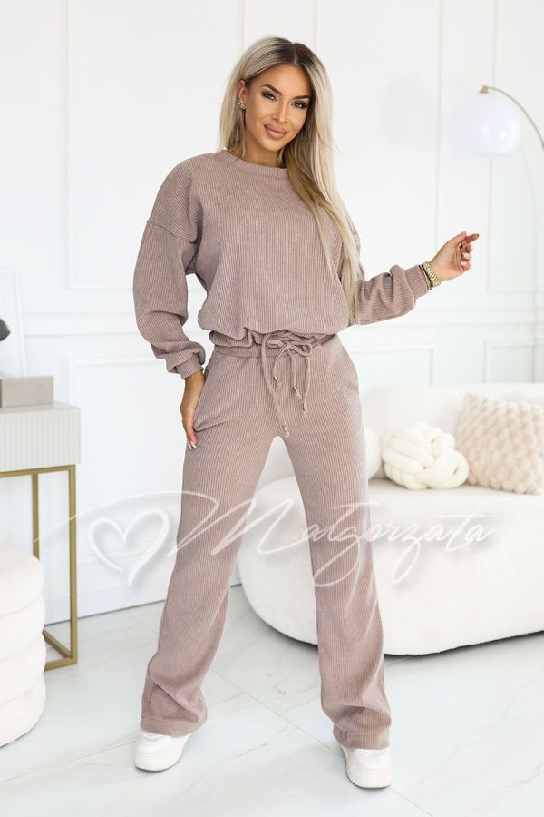Beige ribbed tracksuit set with wide-leg trousers – Luna