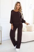 A chocolate-coloured women’s outfit comprising wide-leg trousers and a loose-fitting top – Ayla
