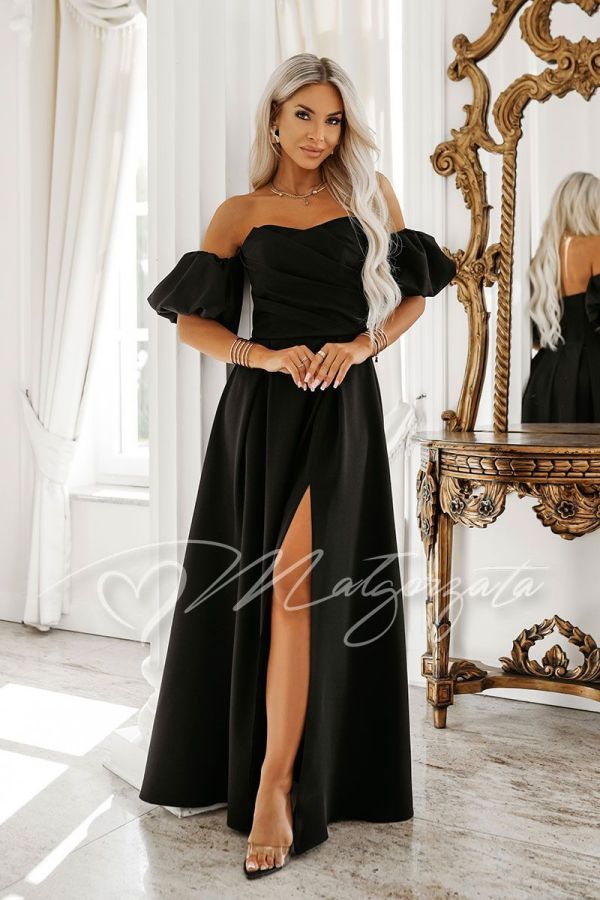 Black maxi evening dress with puff sleeves and a slit – Alessia