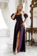 Plum-coloured maxi evening dress with puff sleeves and a slit – Alessia