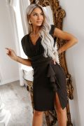 Chocolate-coloured above-the-knee dress with a V-neck and frill – Estelle