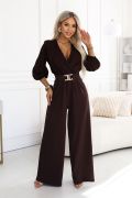 Women’s chocolate-coloured jumpsuit with a wrap neckline and wide legs – Wiki