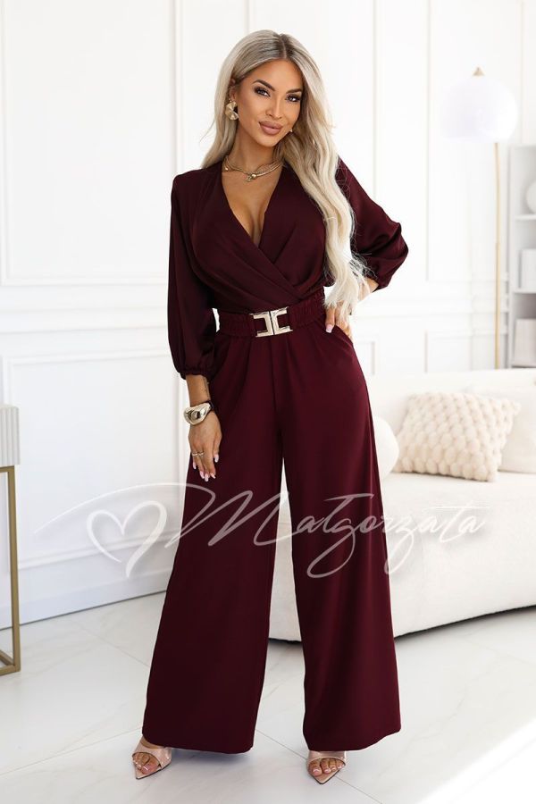 Burgundy women’s jumpsuit with a wrap neckline and wide legs – Wiki