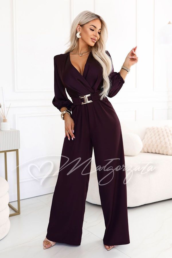 Women’s plum-coloured jumpsuit with a wrap neckline and wide legs – Wiki