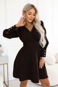 Chocolate-coloured flared dress with a V-neck and long sleeves – Adela