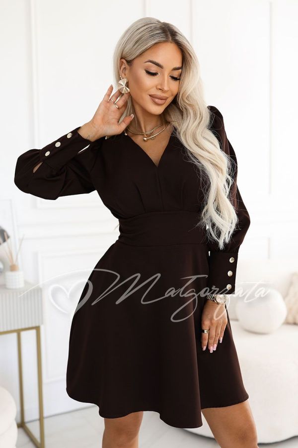 Chocolate-coloured flared dress with a V-neck and long sleeves – Adela